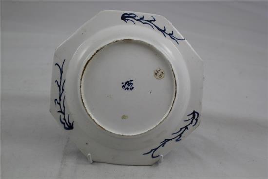 A Bow powder blue ground octagonal plate and a Worcester Three Flowers bowl, c.1765-80, 7.75in. & 8.25in.